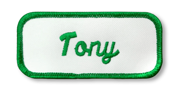 custom embroidered name patch with tony written in script