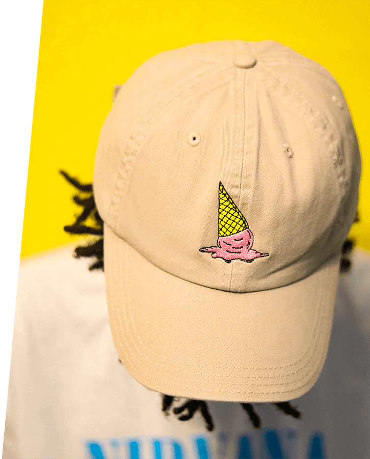 Khaki Dad hat with small custom ice cream embroidery